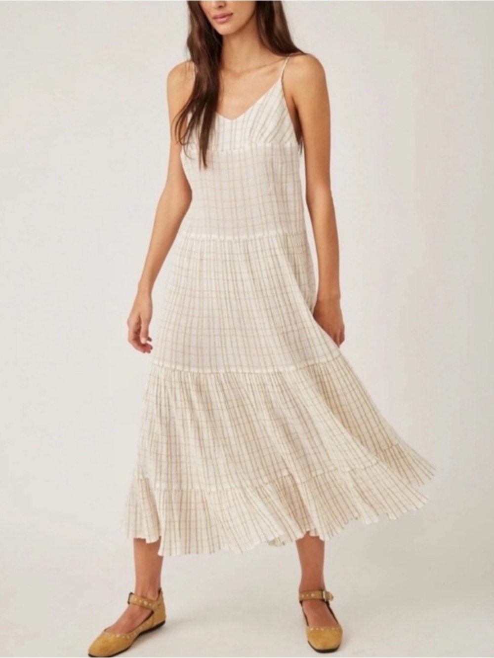 Free People Marigold Checked Cream Midi Dress